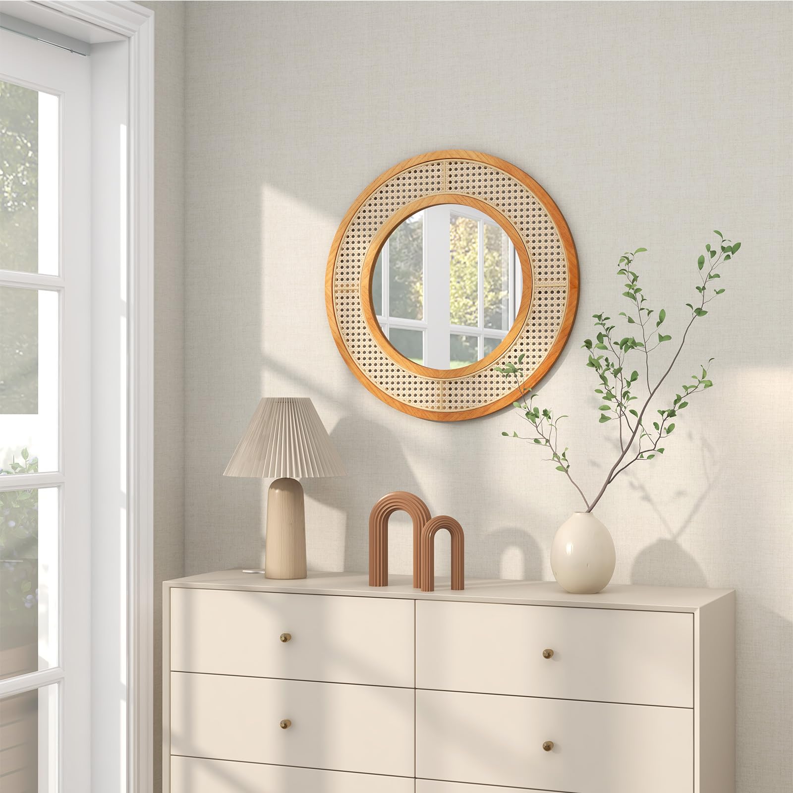GOPLUS Espejo de Pared de Ratán, Espejo Redondo Bohemio de 65 cm con Marco de Madera, Vidrio de Aluminio, Espejo Decorativo Rústico para Sala, Dormitorio, Entrada, Baño, Instalación Fácil, Natural