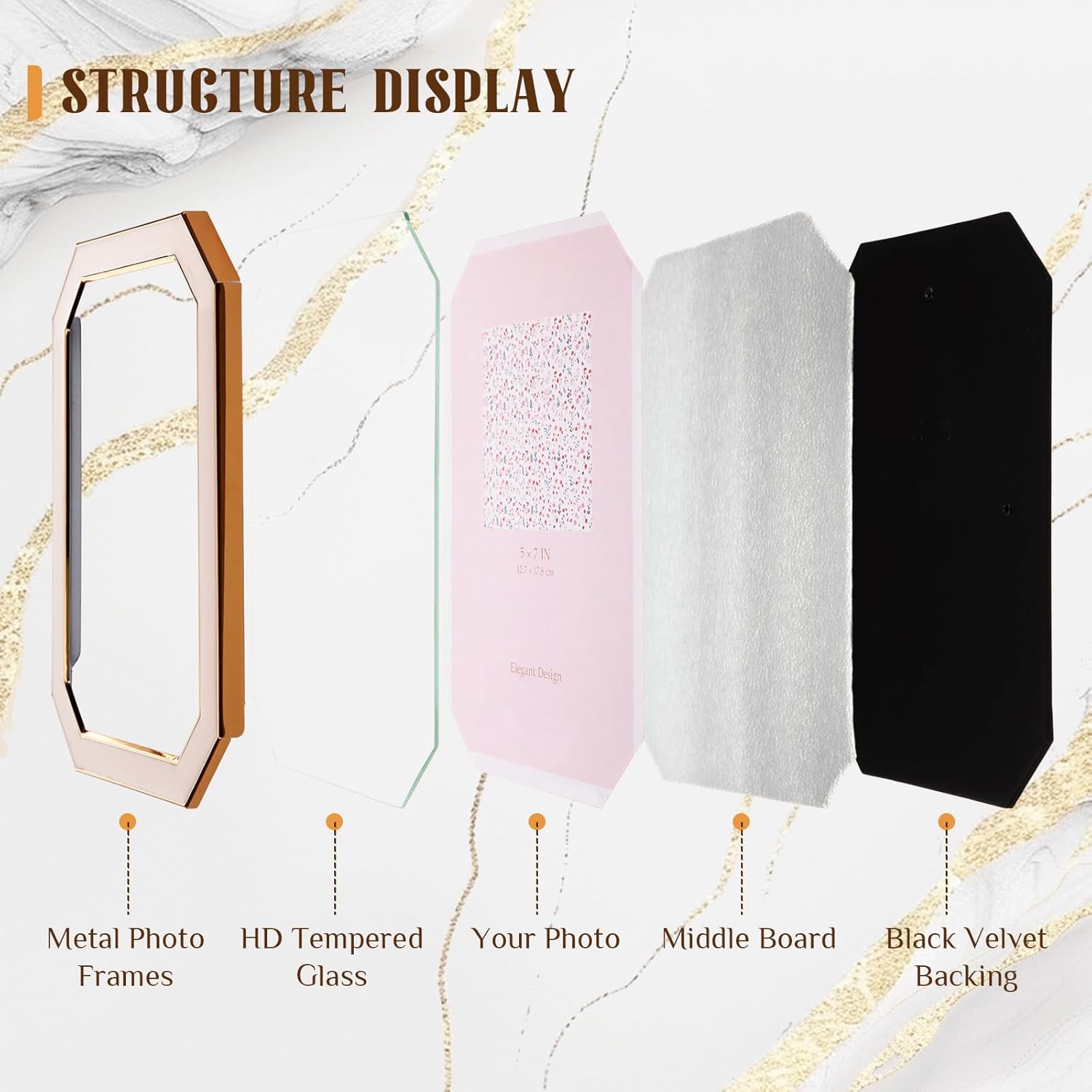 Gerrii 4 Pcs 5x7 Pink Enamel Picture Frame with Tempered Glass Octagon Photo Frame with Metal Edge and Velvet Back for Christmas Tabletop Wall Mount Display Family Office Gallery