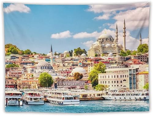 Tapiz de paisaje con cuerno dorado de la Bahía de Estambul de 60 x 80 pulgadas, tapiz estético para colgar en la pared, decoración del hogar,