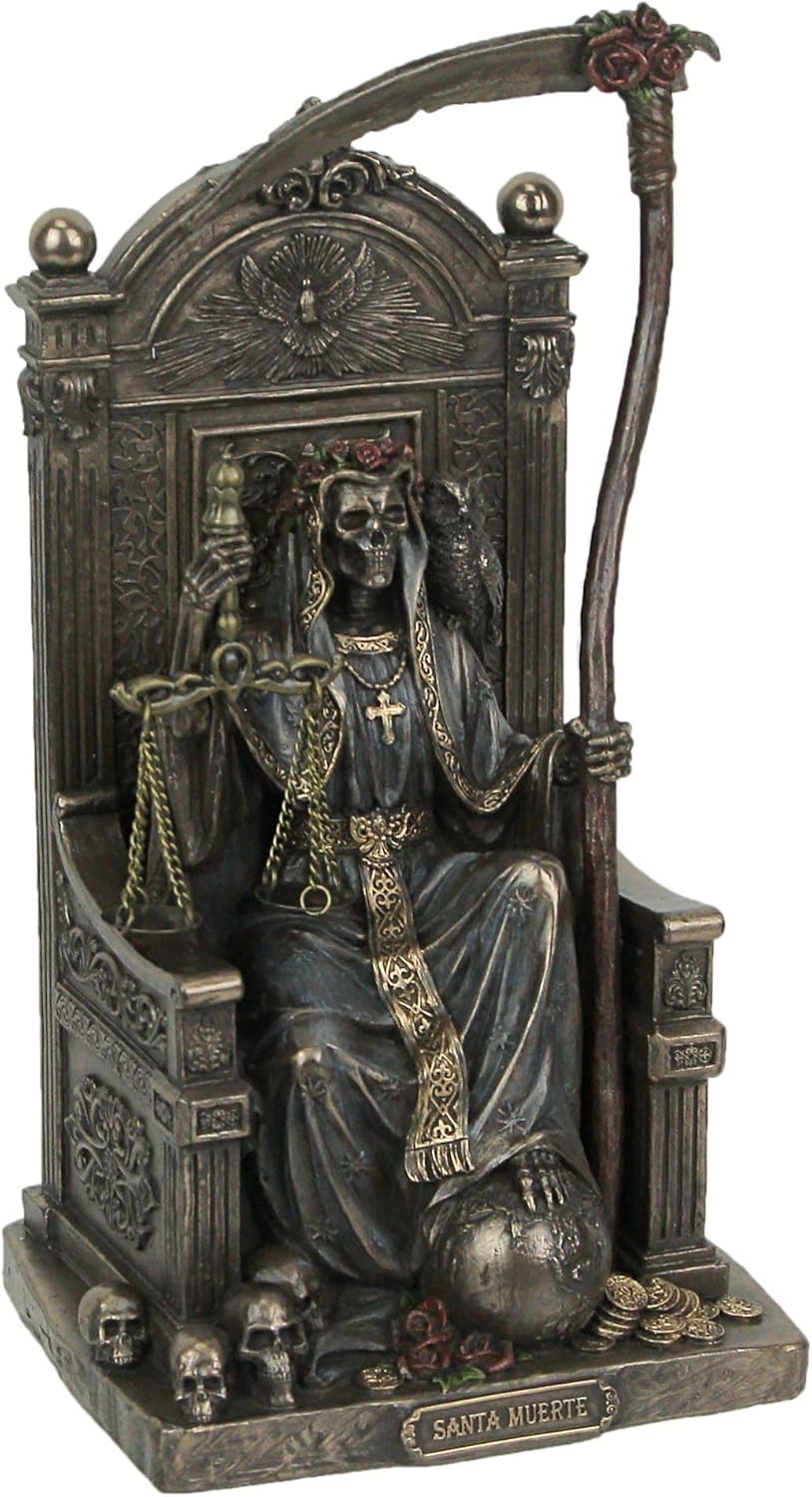 Veronese Design 8 5/8" Sitting Santa Muerte Grim Reaper Scythe and Scale Resin Sculpture Antique Bronze Finish