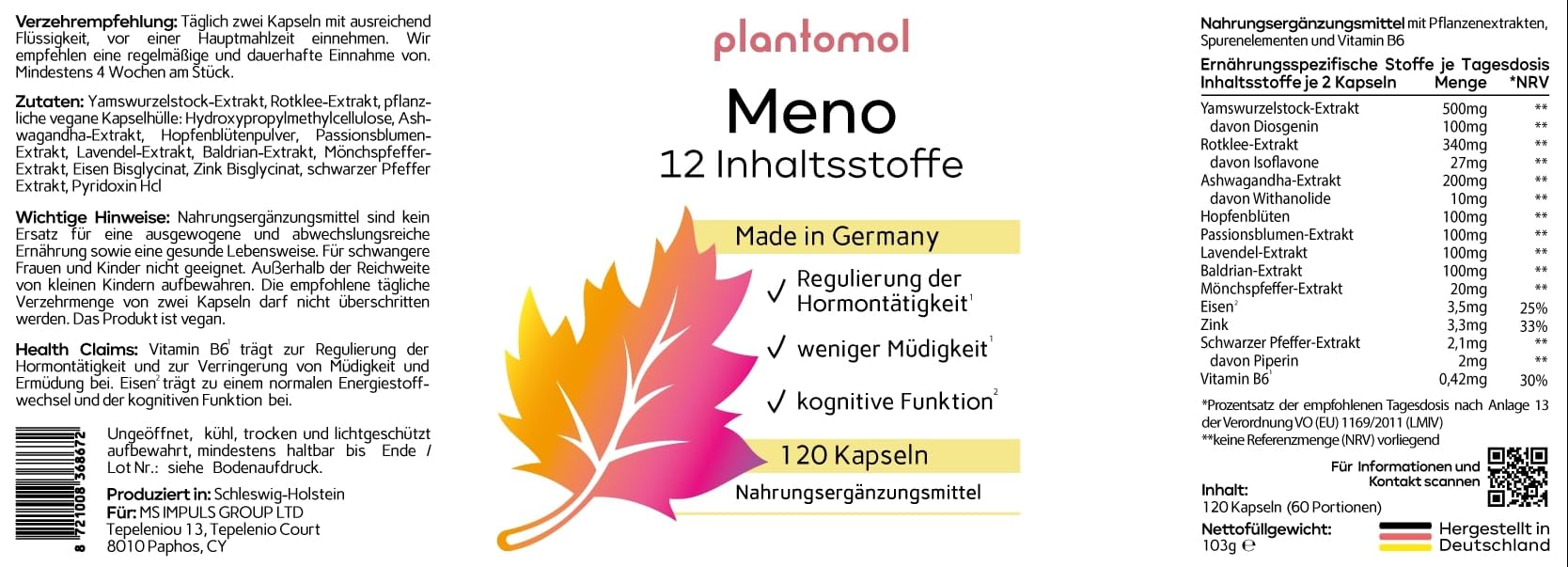 12fach Meno Komplex Wechseljahre Kapseln - Hormon Balance Frauen mit Yamswurzel Rotklee Mönchspfeffer Ashwagandha & B6-2 Monatsvorrat