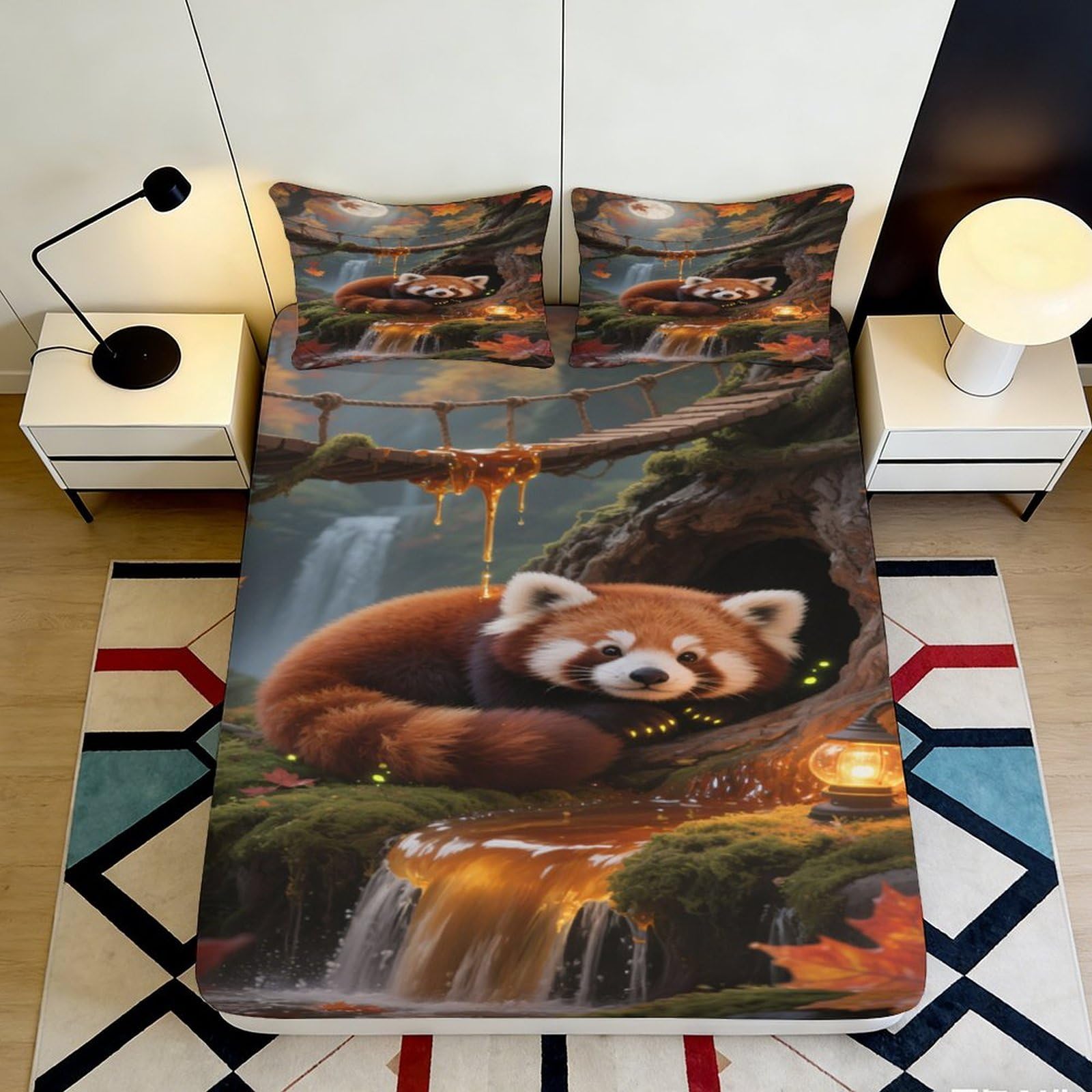 3D Printed Red Panda Forest Fitted Sheet Microfiber Nature Waterfall Bed Cover for Bedroom Guest Room Decor 90x200x25cm