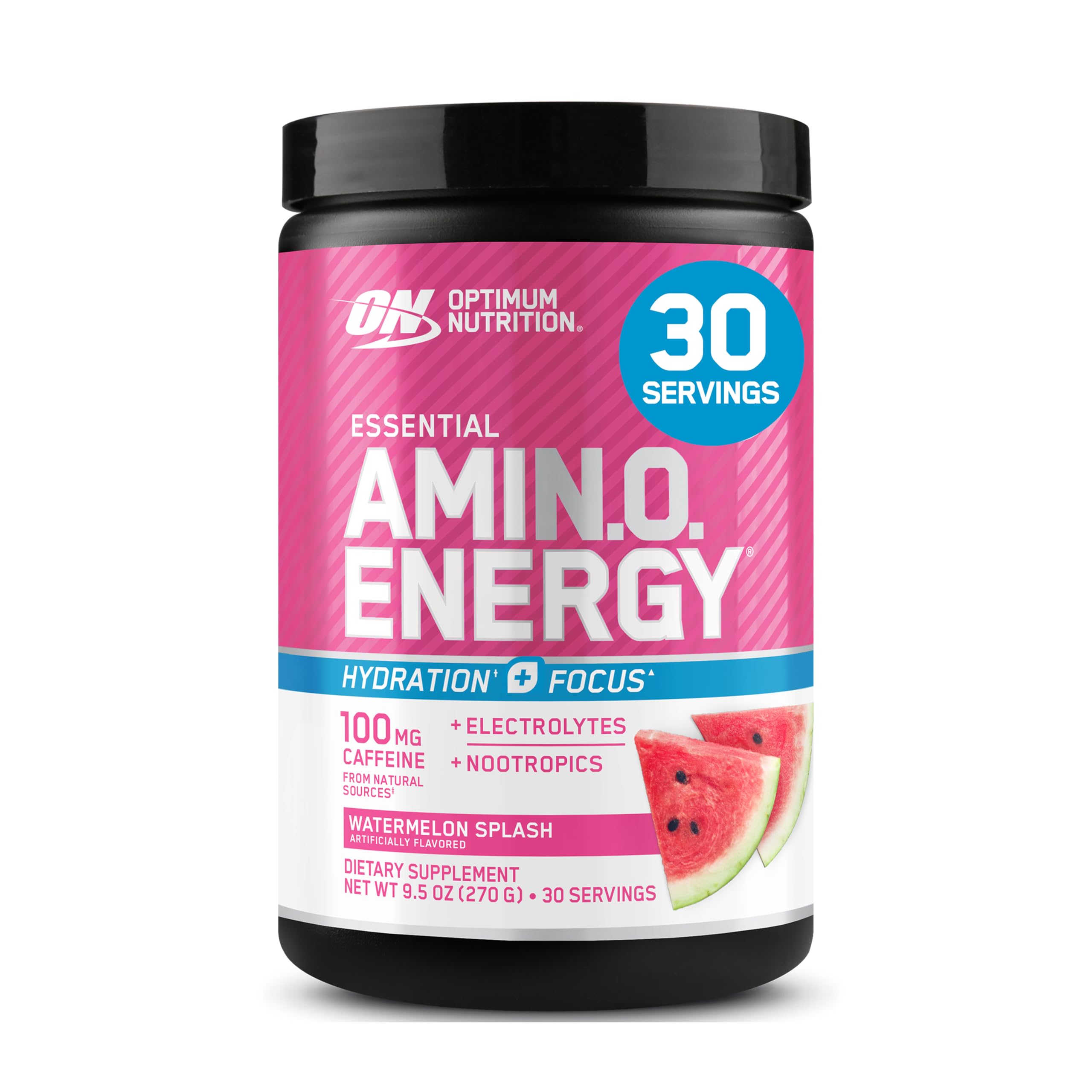Optimum Nutrition Amino Energy Powder Plus Focus, with BCAA, Electrolytes, and Caffeine, Watermelon, 30 Servings (Packaging May Vary)