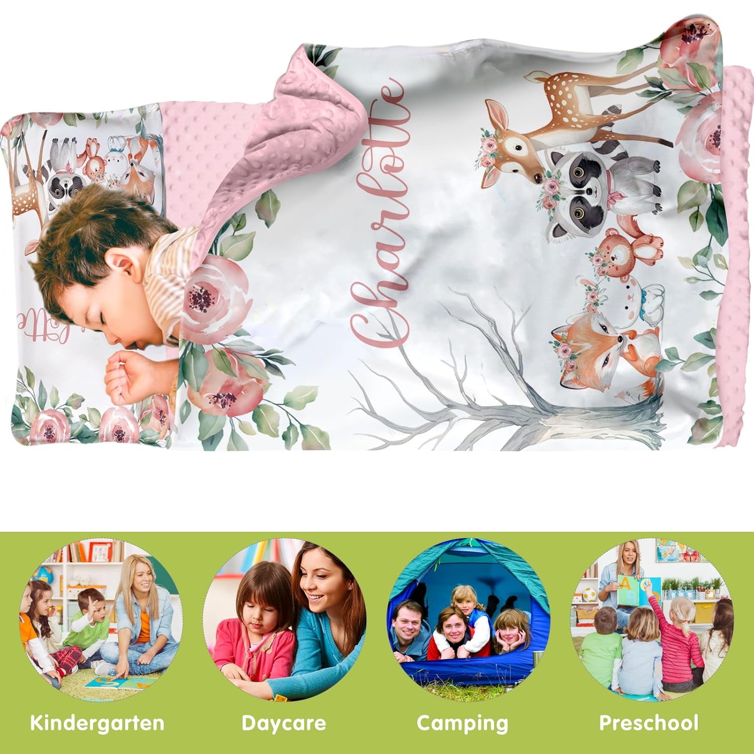 Custom Toddler Nap Mat for Preschool, Personalized Name Kids Sleeping Bag with Animals Parrern for Daycare, Roll Up Sleeping Mat with Removable Pillow and Soft Dot Minky Blanke for Girls Camping