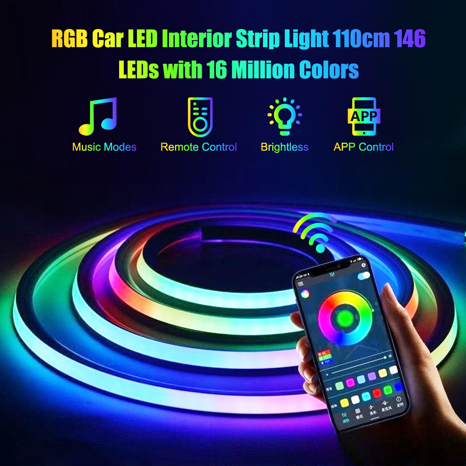 110CM LED Coche, Lluminación Led para Interior de Coche con USB, Car Ambient Lights 210 modos intermitentes, 16 Millones de Colores de DIY con Modo de Escena y Música