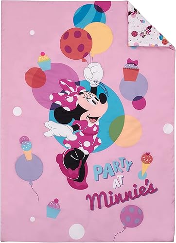 Miniatura 2 de Disney Minnie Mouse Let's Party - Juego de cama para niños pequeños de 4 piezas, color rosa, globos, cupcakes y confeti en Minnie - edredón, sábana
