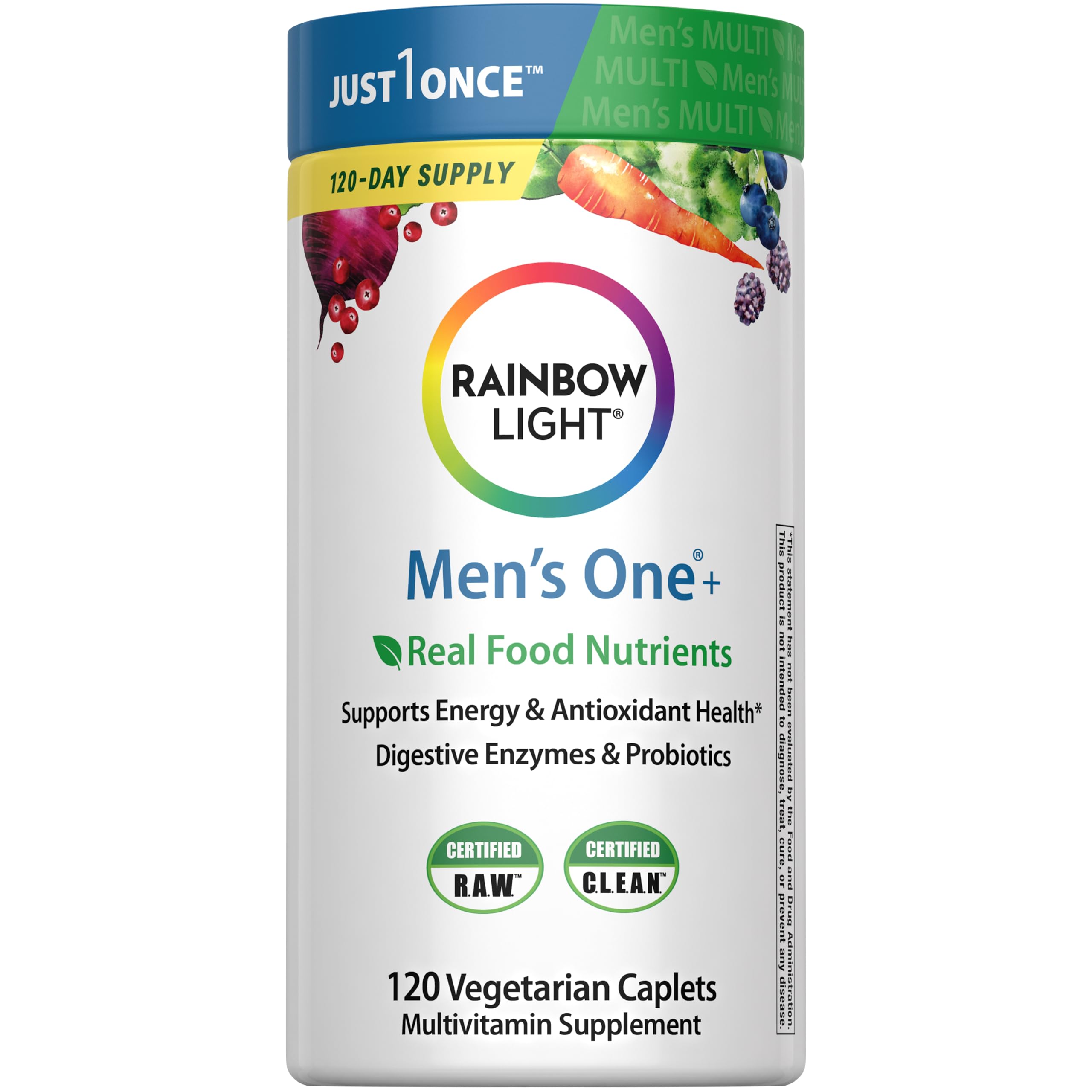 Rainbow Light Mens One Multivitamin, Men's Daily Multivitamin Provides High-Potency Immune Support, with Vitamin C, Vitamin D and Zinc, Vegetarian, 120 Count