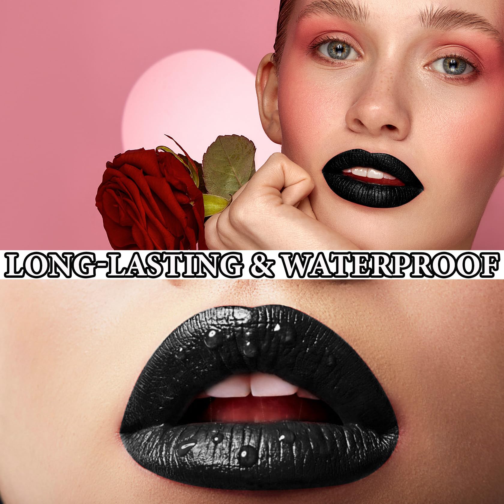 Set mit 3 flüssigen Lippenstiften und Eyelinern, schwarz, matt, hochpigmentiert, schwarzer Lipgloss, seidig, wasserfest, lang