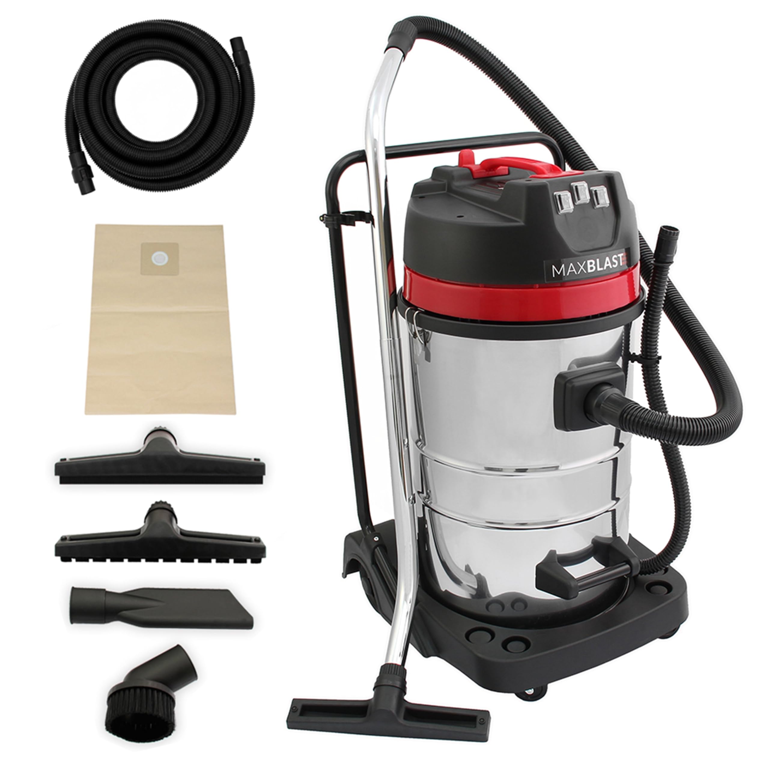 80L Industrial Wet & Dry Vacuum Cleaner Long Reach 5m Hose & Attachments Bagged Bagless Cloth Filter 3000W Triple Motor 9m cable Stainless Steel Canister EVA PE Flexible Tube MaxBlast Cleaning Tool