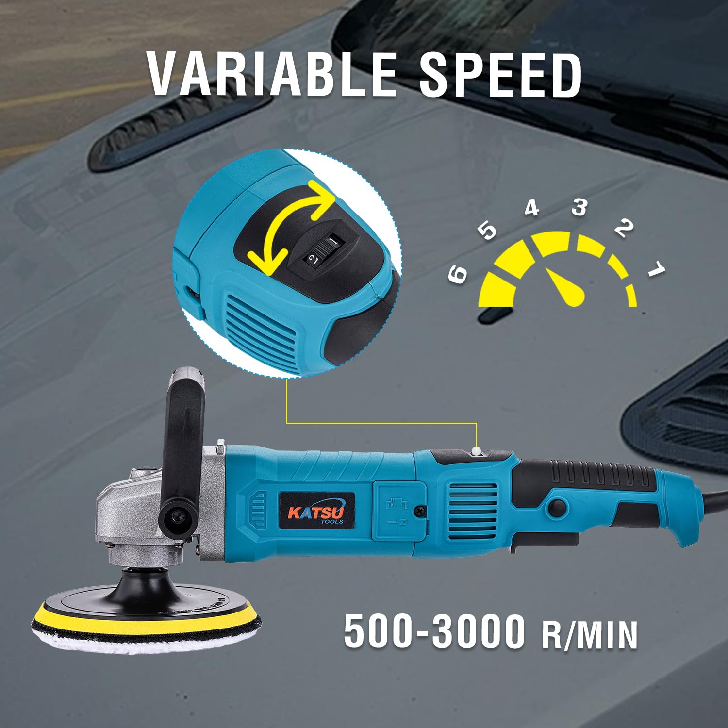 KATSU Tools Lucidatrice rotativa auto 1200 W 150 mm – 6 velocità variabili, levigatrice angolare, macchina lucidatrice detailing