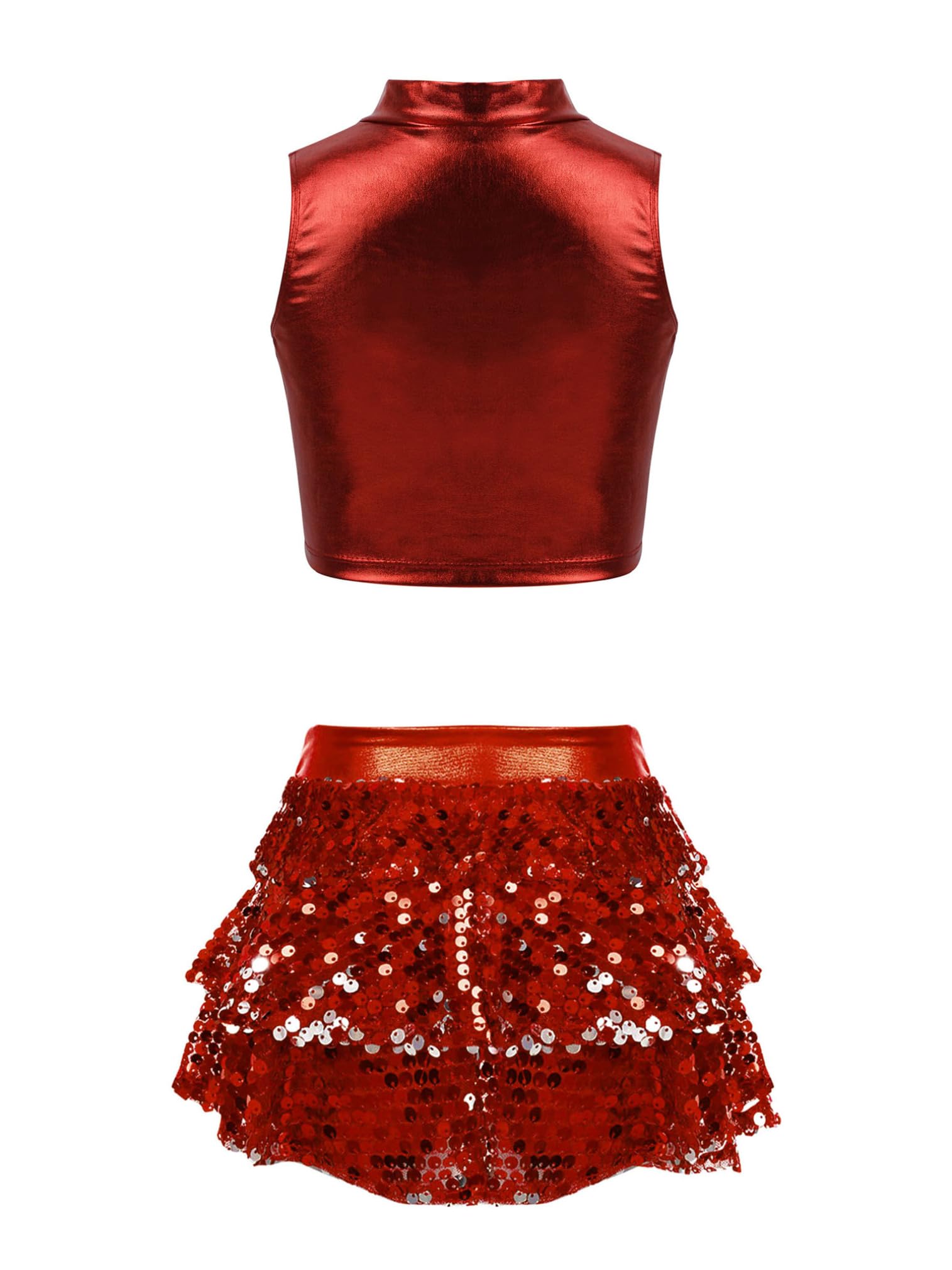 easyforever Kids Girls Jazz Hip Hop Modern Dance Costume Sleeveless Mock Neck Crop Tops with Sequins Skirted Shorts Set Red 10 Years