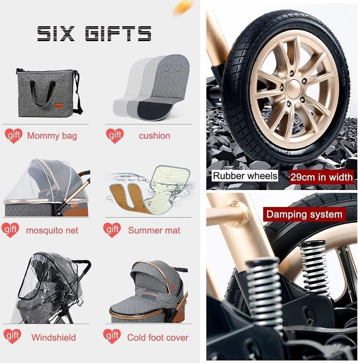 3 in 1 Baby Stroller Travel System Foldable Bassinet with Footmuff Blanket Cooling Pad Rain Cover Backpack Khaki