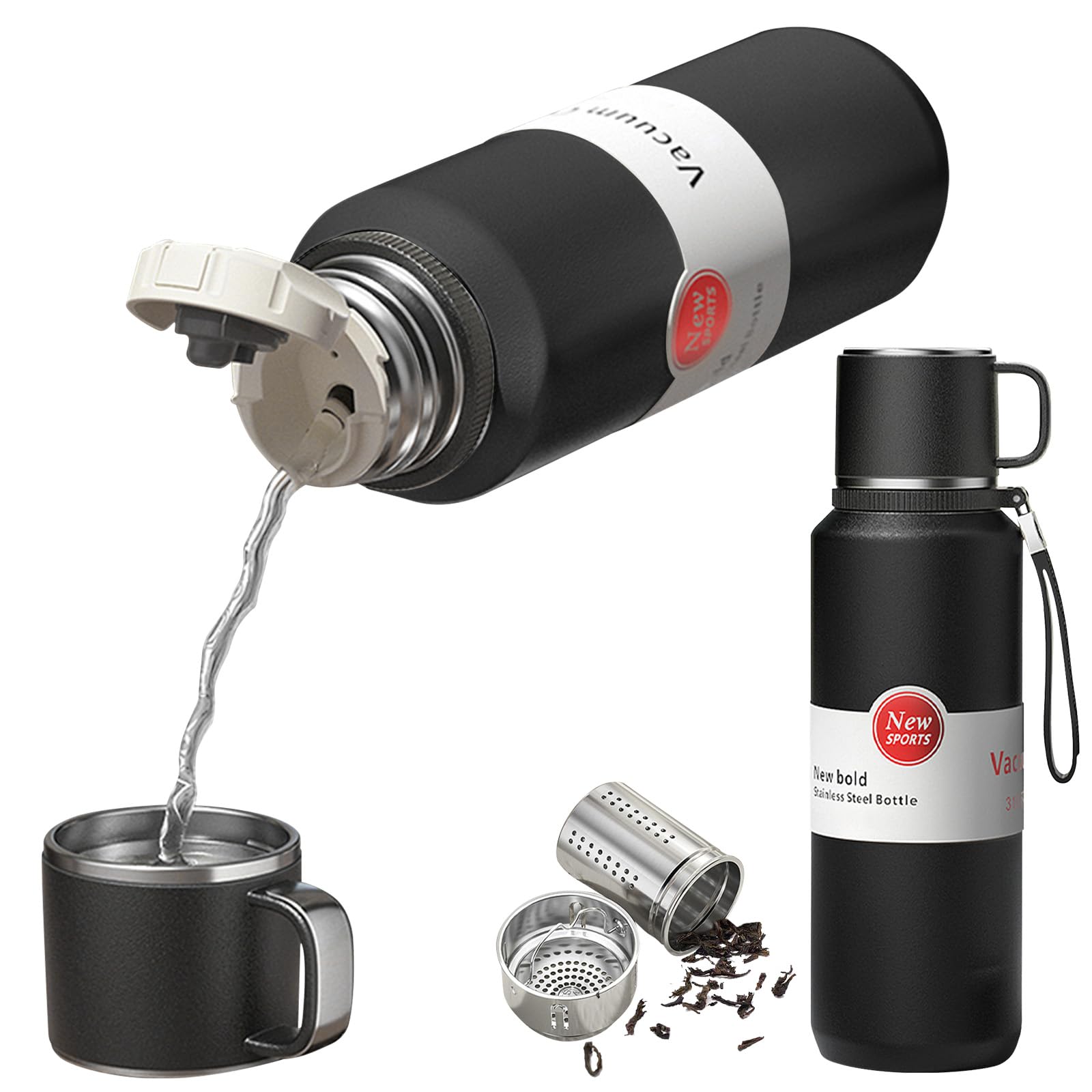 Isolierte Tee-Ei aus Edelstahl, vakuumisolierte Wasserflasche, Teebecher mit separatem Teefach, 24 Stunden Isolierung, Pendeln, Reisen (Schwarz, 1000 ml)