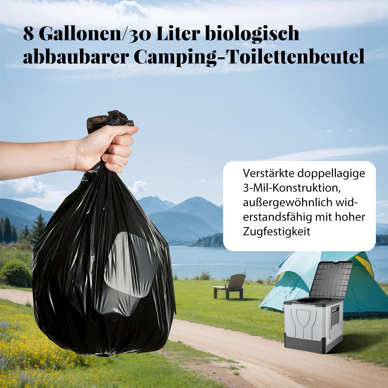Lot de 100 sacs de toilette de camping, noirs, 30 l, biodégradables, pour la randonnée, toutes les toilettes de camping, étanches, extra épais, accessoires de toilette séparables