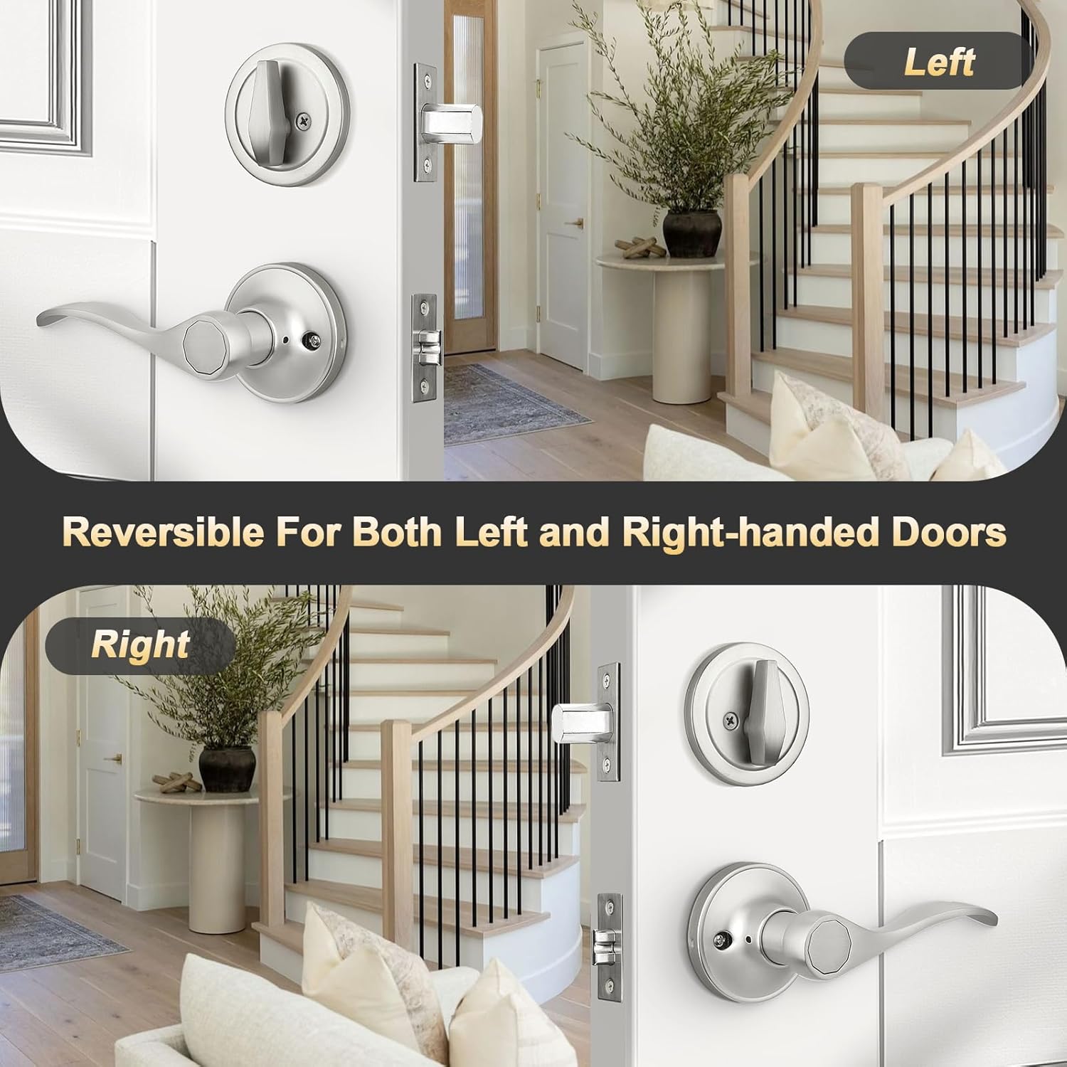 Front Door Handle and Deadbolt Set, Brushed Nickel Front Door Lock Set with Reversible Handle Lever, Classic Front Door Hardware, Single Cylinder Front Door Entry Lock