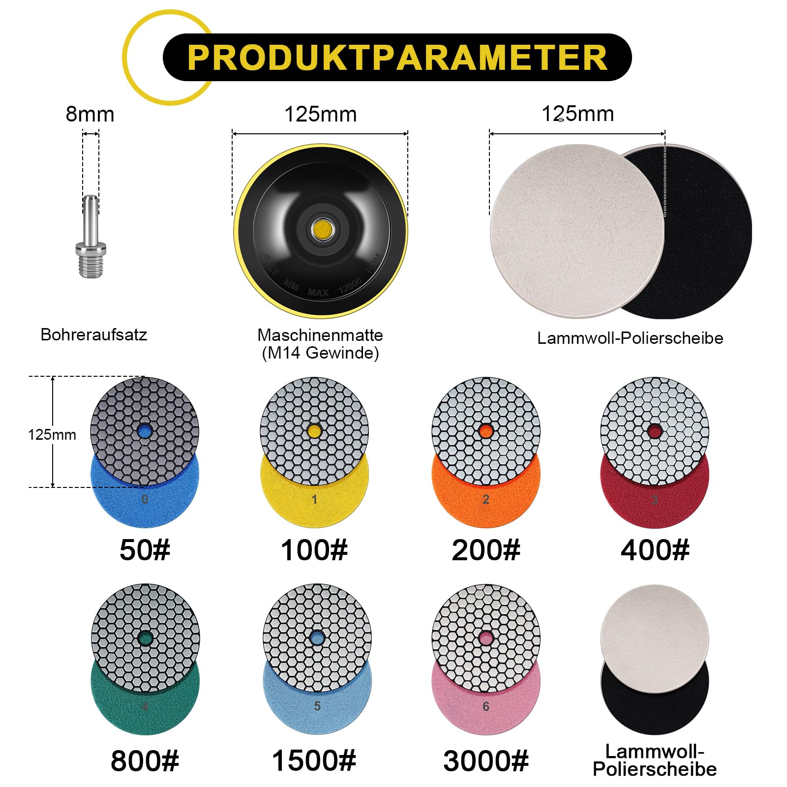 125 mm sucha diamentowa tarcza polerska, 9 sztuk, ziarnistość #50, #100, #200, #400, #800, #1500 i #3000, tarcze polerskie z talerzem podporowym M14, do szlifierek kątowych