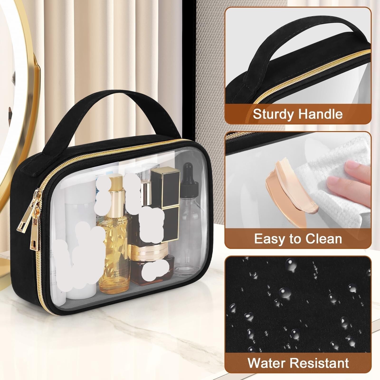 Porta Trucchi Pochette Trucchi Borsa Da Toilette Borsa Cosmetica Trasparente Con Manico Borsa Da Toilette Trasparente Trousse Trucchi Donna(Black,20cm-3)