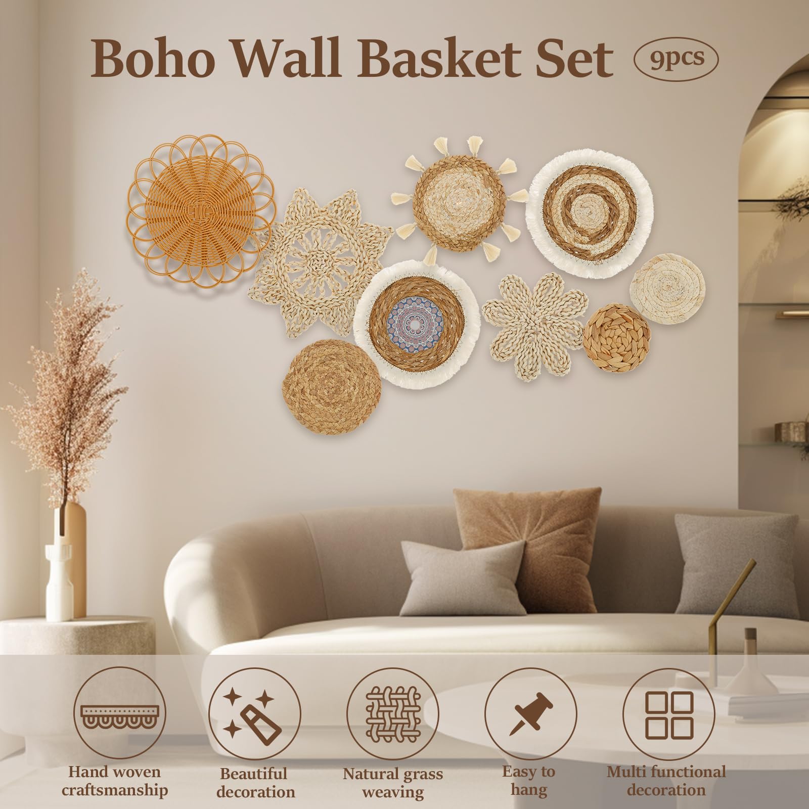 9 cestas de pared bohemias, decoración de pared de mimbre de ratán, decoración de pared tejida para colgar, arte de pared redondo hecho a mano para sala de estar, dormitorio, mesa de exhibición,