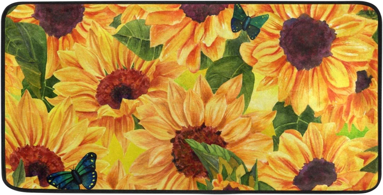 Anti Fatigue Kitchen Floor Mat, Non Slip Absorbent Comfort Standing Mat Soft Runner Rug for Hallway Entryway Bathroom Living Room Bedroom 39 x 20 in (Sunflower Butterflies)