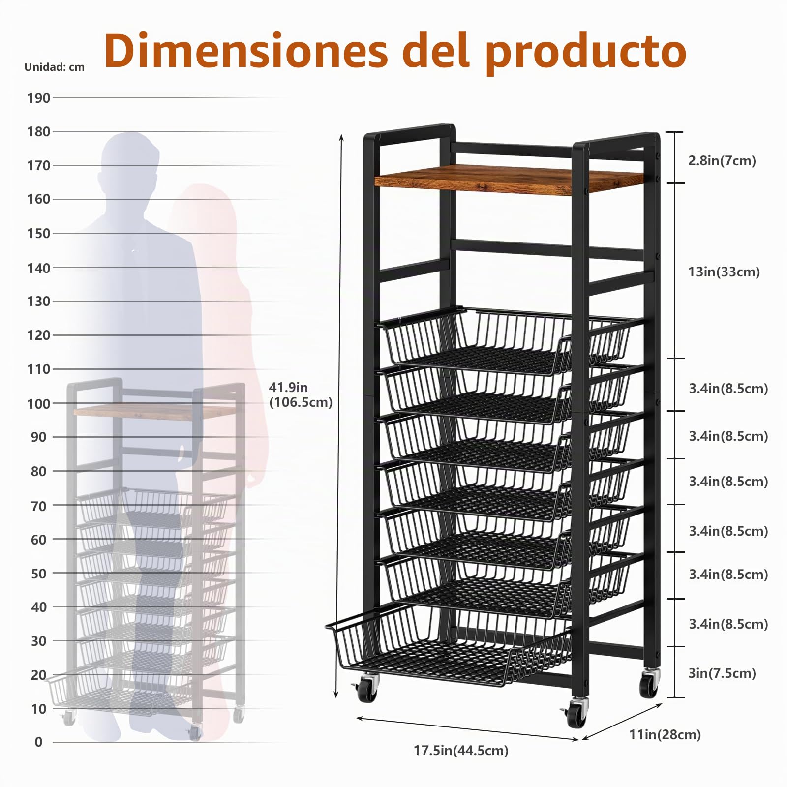 Carrito Organizador Móvil de 8 Niveles con Bandejas Metálicas | Tablero Superior de Madera, Ruedas Giratorias 360°, Negro, 44,5 × 28 × 106,5 cm, para Oficina y Hogar
