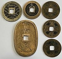 Vista 1 de 1700-1860 Juego de monedas japonesas SamuráiShogun Era Mon de alto grado. 6 monedas auténticas que incluyen, 1, 4 y 100 monedas Mon. Monedas de 1, 4