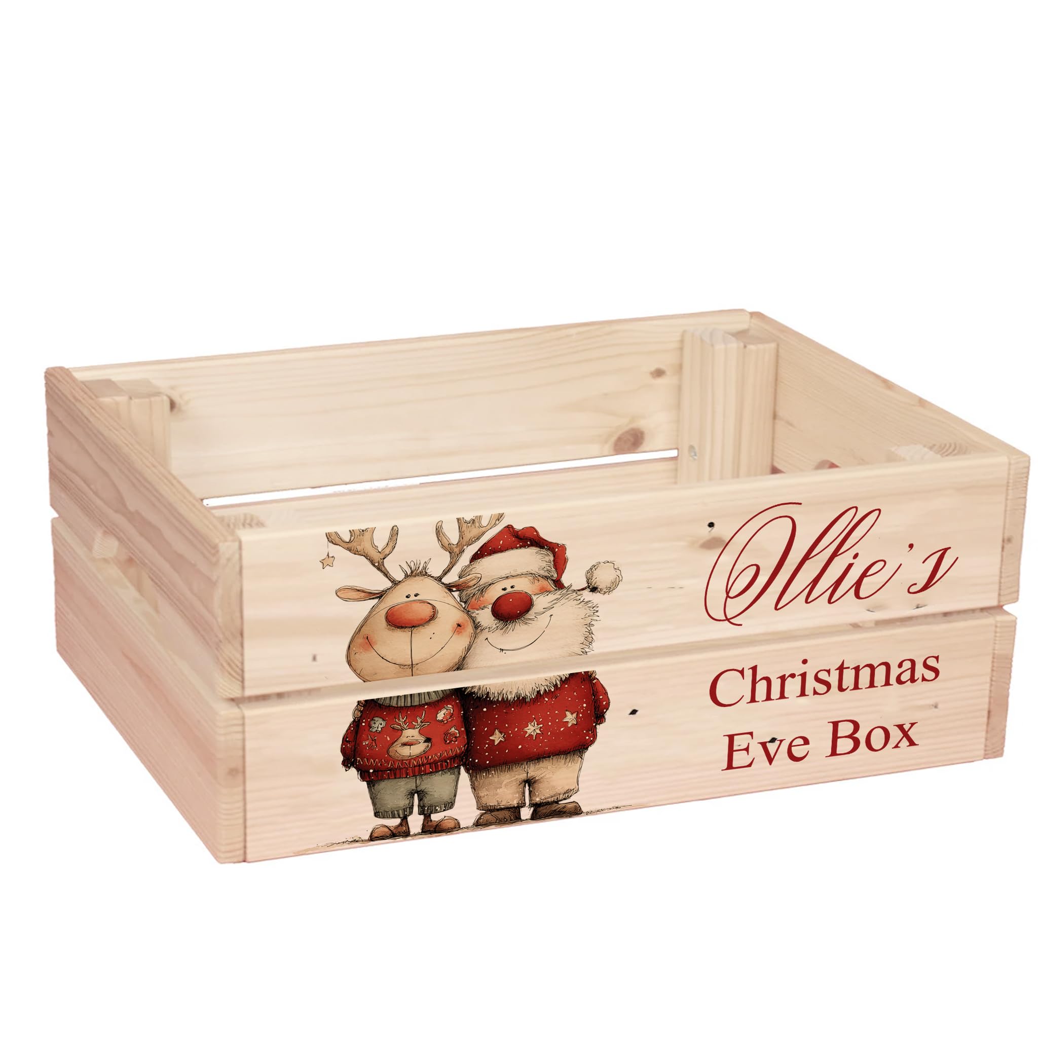 ukgiftstoreonline Personalised Christmas Eve Box with Santa, Trees, Reindeer, Snowman Designs, Wooden Storage Crate, 30.5 x 25 x 12 cm, Holiday Presentation Box with Side Handles (Jumpers) โ image 1