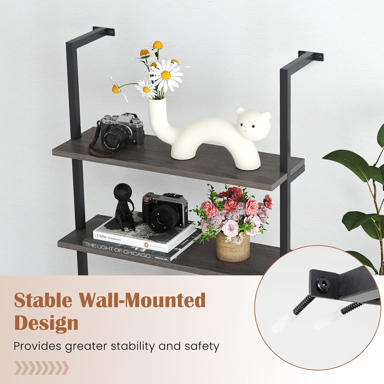 Giantex 6-Tier Ladder Shelves Set of 2, 72" Wall Mounted Bookshelf with Metal Frame, Industrial Open Storage Shelves, Wooden Bookcase Display Rack for Living Room, Home Office, Bedroom, Gray