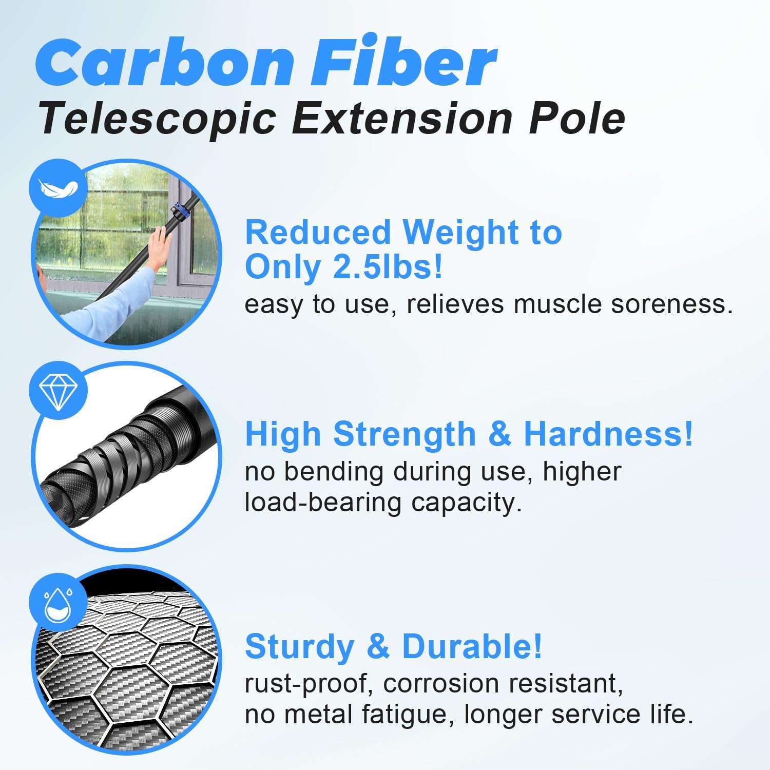 carbon fiber extension pole 4.7-24ft telescoping paint roller extendable pole lightweight sturdy extension poles with universal threaded head multi-use pole 24ft blue
