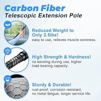 24FT Carbon Fiber Telescopic Multi-Purpose Extension Pole | Carbon fiber, lightweight sturdy rust-proof, flip-lock, 4.7ft compact retracted size, for painting, window & gutter cleaning