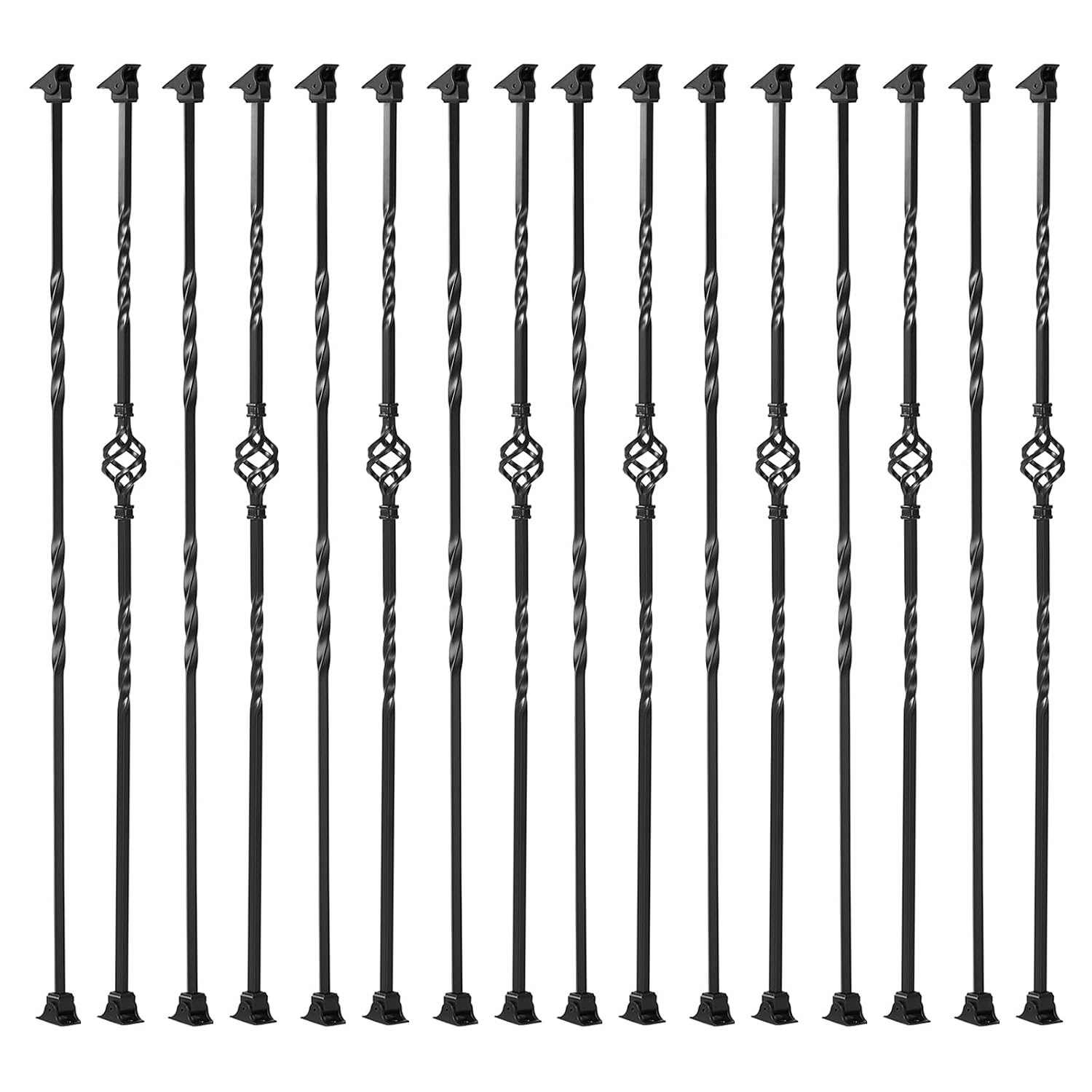 16-Pack Wrought Iron Balusters for Stairs, 1/2"x44" Hollow Single Twist and Double Twist Metal Stair Spindles, Satin Black Powder Coated Railing for Indoor Spiral Staircase, with Swivel Bases & Screws