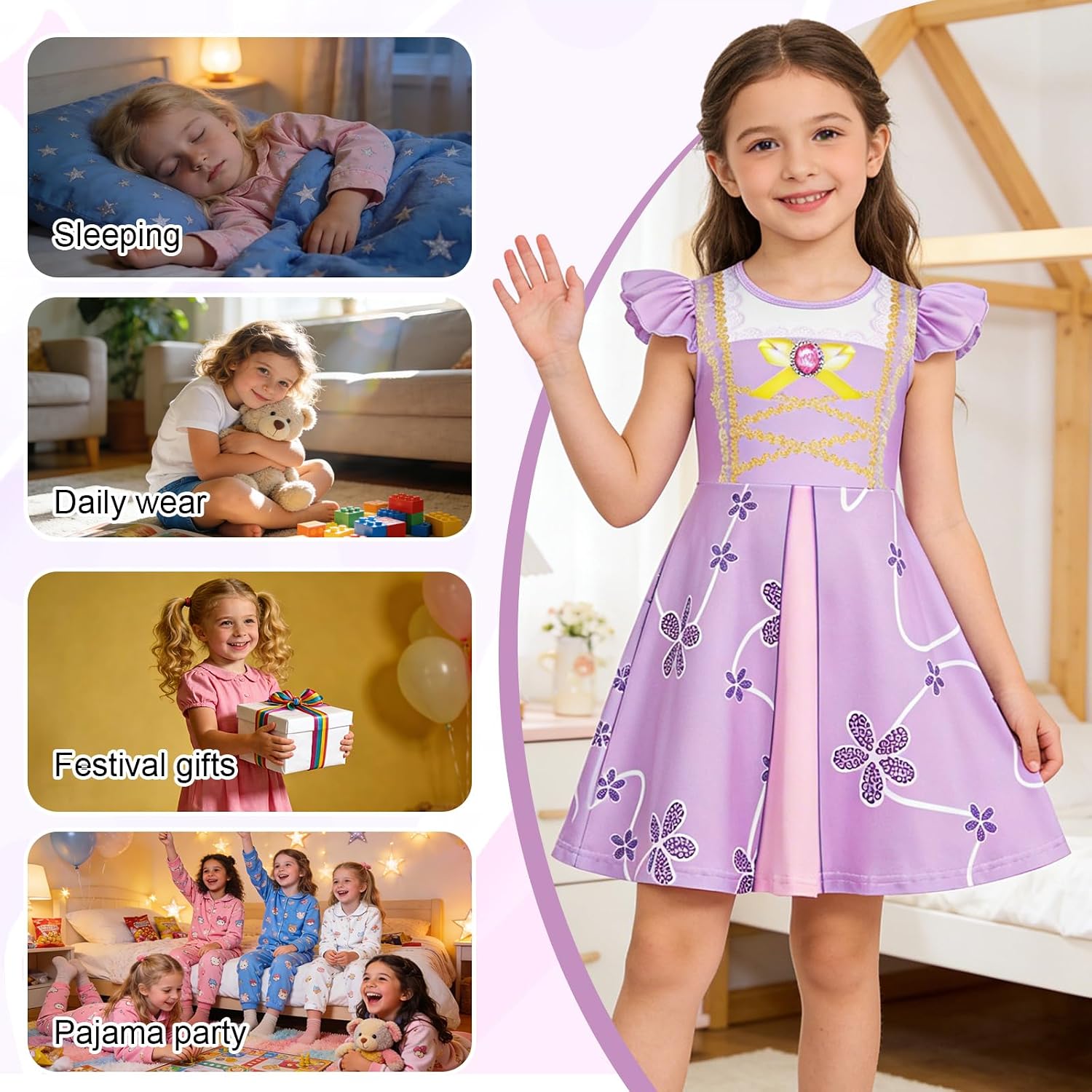 AmzBarley Girls Nightgowns Princess Nightgown Pajamas for Toddler Kids Sleepwear Flutter Sleeve Nightie Sleep Dress