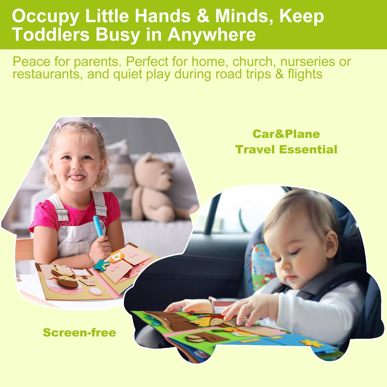 Felt Busy Book for Toddlers 1-3, Montessori Busy Board for 1 Year Old, Quiet Book Airplane Travel Toys, Sensory Early Learning Educational Toy, Road Trip Activity Books, Girls Birthday Gifts