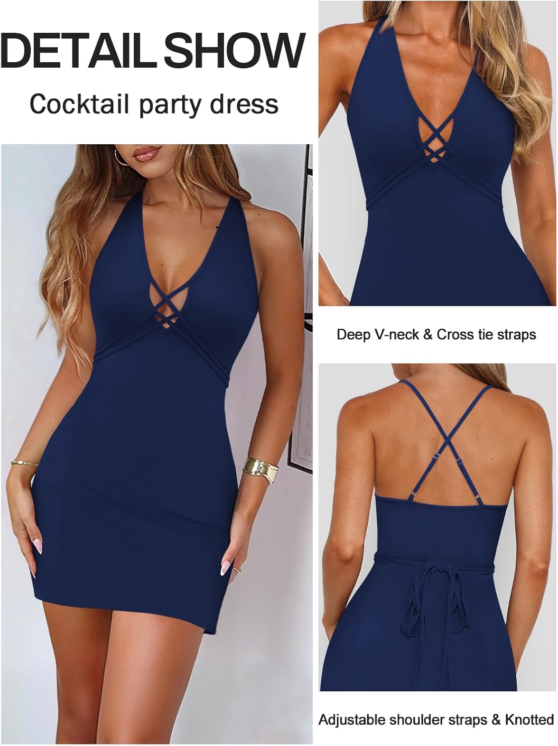 Women's Sexy Halter V Neck Cross Tie Spaghetti Strap Mini Dresses for Women Summer Party Cocktail Going Out Dress - Image 3