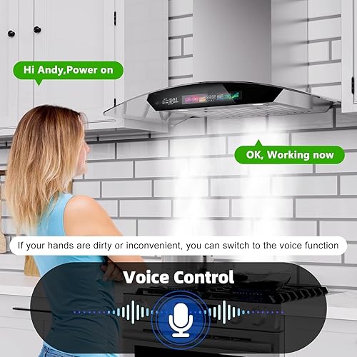 Miniatura 2 de Campana extractora de pared de 30 pulgadas, vidrio templado de 900 CFM, control de vozgestostáctil, ventilación de campana de cocina de acero