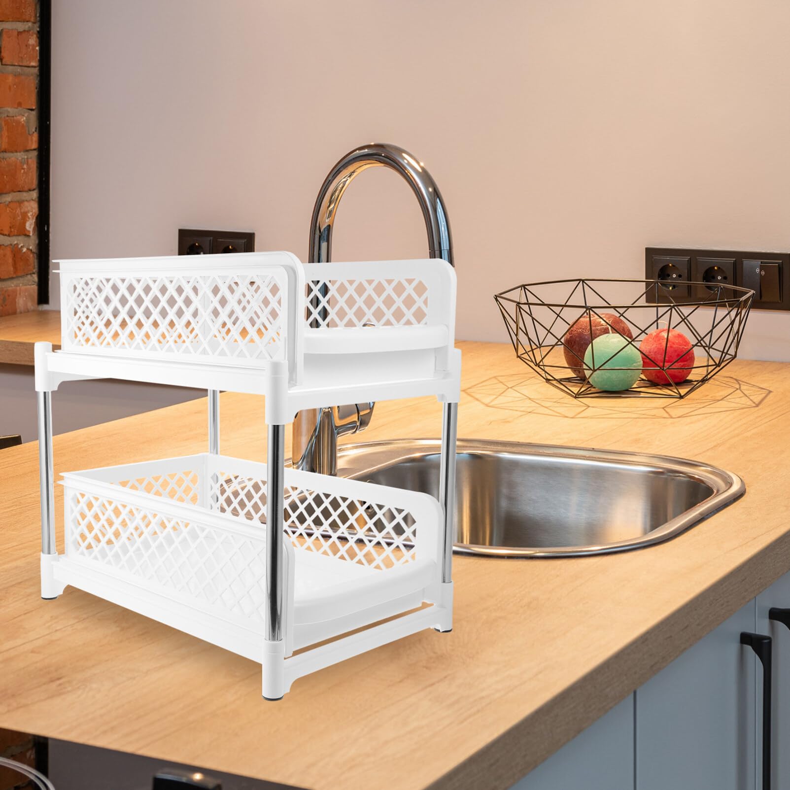 Organizer Estraibile a 2 Livelli Bianco per Mobiletto Bagno Sotto Lavandino
