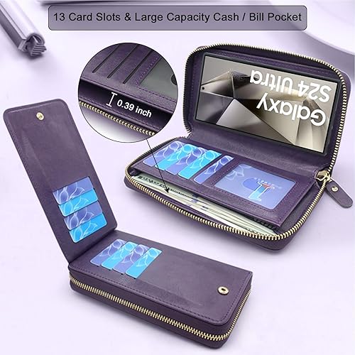 Miniatura 3 de Lacass Cartera para Samsung Galaxy S Ultra de 6.9 pulgadas 2024, cruzada con doble cremallera desmontable magnética de piel, funda tipo cartera con