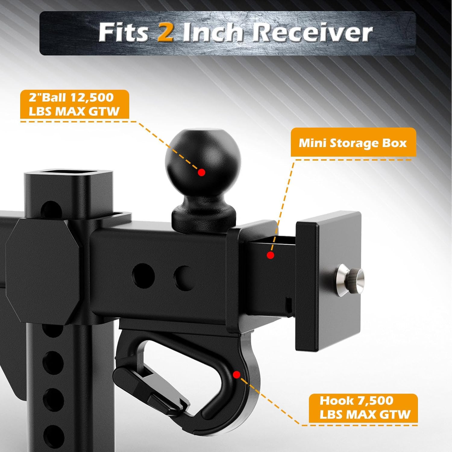 Adjustable Hitch Fits 2-Inch Receiver, Trailer Hitch- 2" Tow Balls, 12,500 LBS GTW Heavy Duty Tow Hitches w/Hook & Mini Storage Box, 6 Inch Drop Hitch for Truck, RV, ATV/UTV - Black
