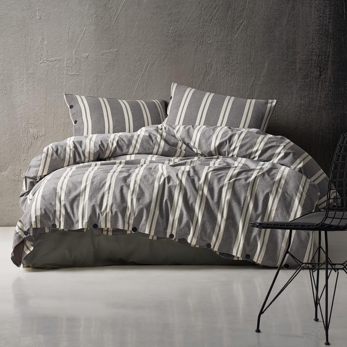 LILENSE 100% Cotton Double Size Duvet Cover Set - Washed Yarn Dyed, Striped 3pcs Bedding with Pillowcases, Button Closure (Gray - Ecru) โ image 1