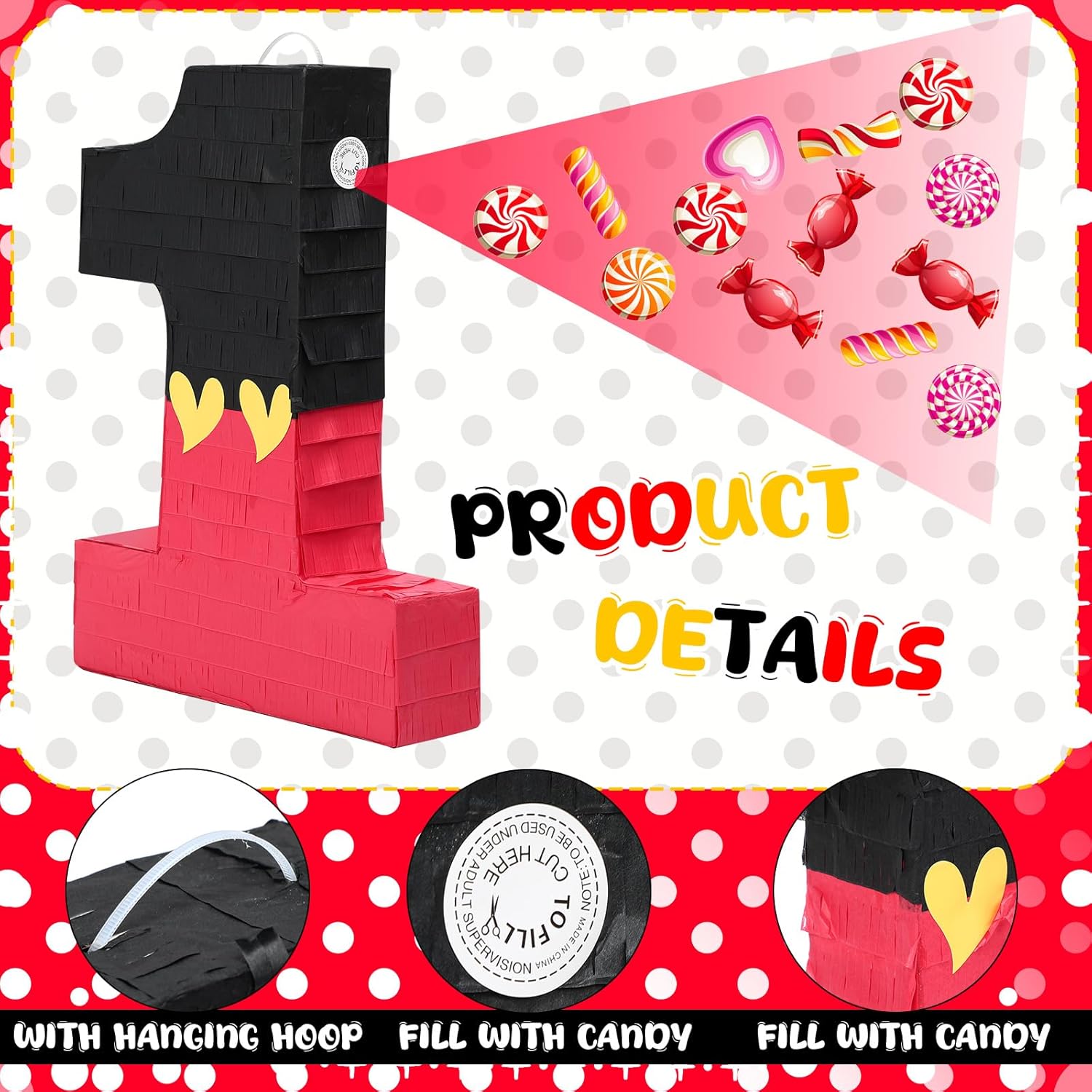 RoundFunny Number 1 Piñata Black Red Piñata First Birthday Party Supplies for Celebration for Boys Girls Fun Yellow Heart Black and Red Themed Party Decor 14.9 X 11 X 2.8 Inches
