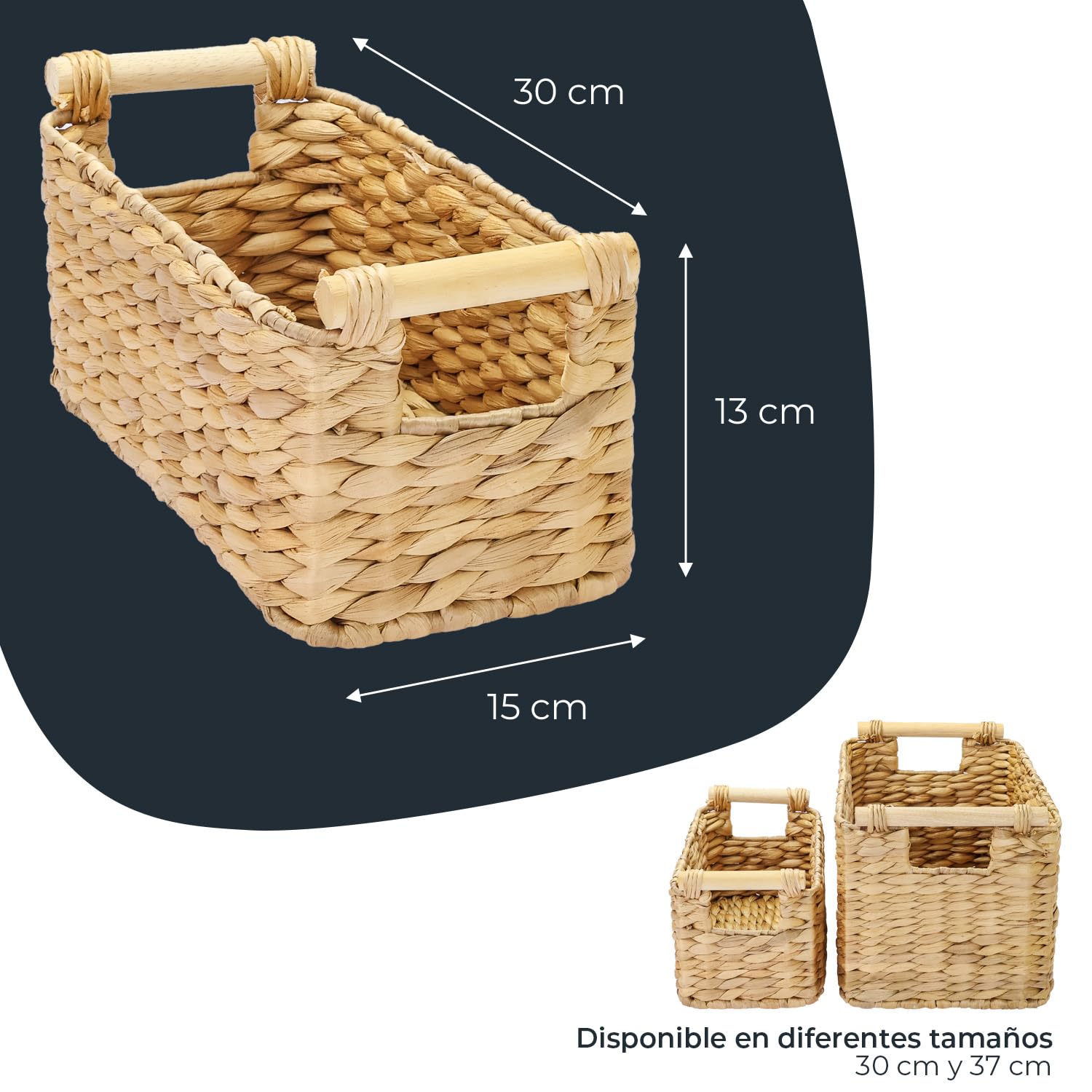 Cesta de almacenamiento trenzada de jacinto de agua con asas de madera 30x15x13 cm Natural