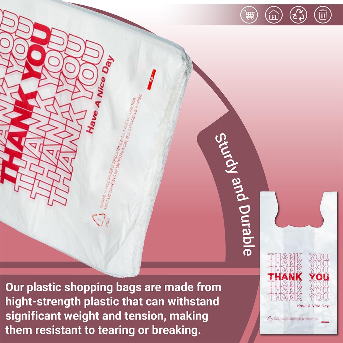 1000 Pack Heavy-Duty White Plastic Thank You Bags with Handles, 11.5in x 6.5in x 22in - Durable Disposable T-Shirt Bags for Retail, Grocery, and Supermarket Use