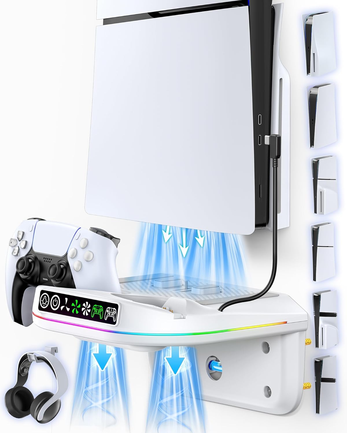 P S5 Wall Mount Kit with Cooling Fan and Charging Station Compatible with PS5/ Slim/ Pro Disc and Digital, PS Five Floating Shelf with 9 RGB Lights, P S5 Mount Behind TV, PS5 Accessories for Gaming