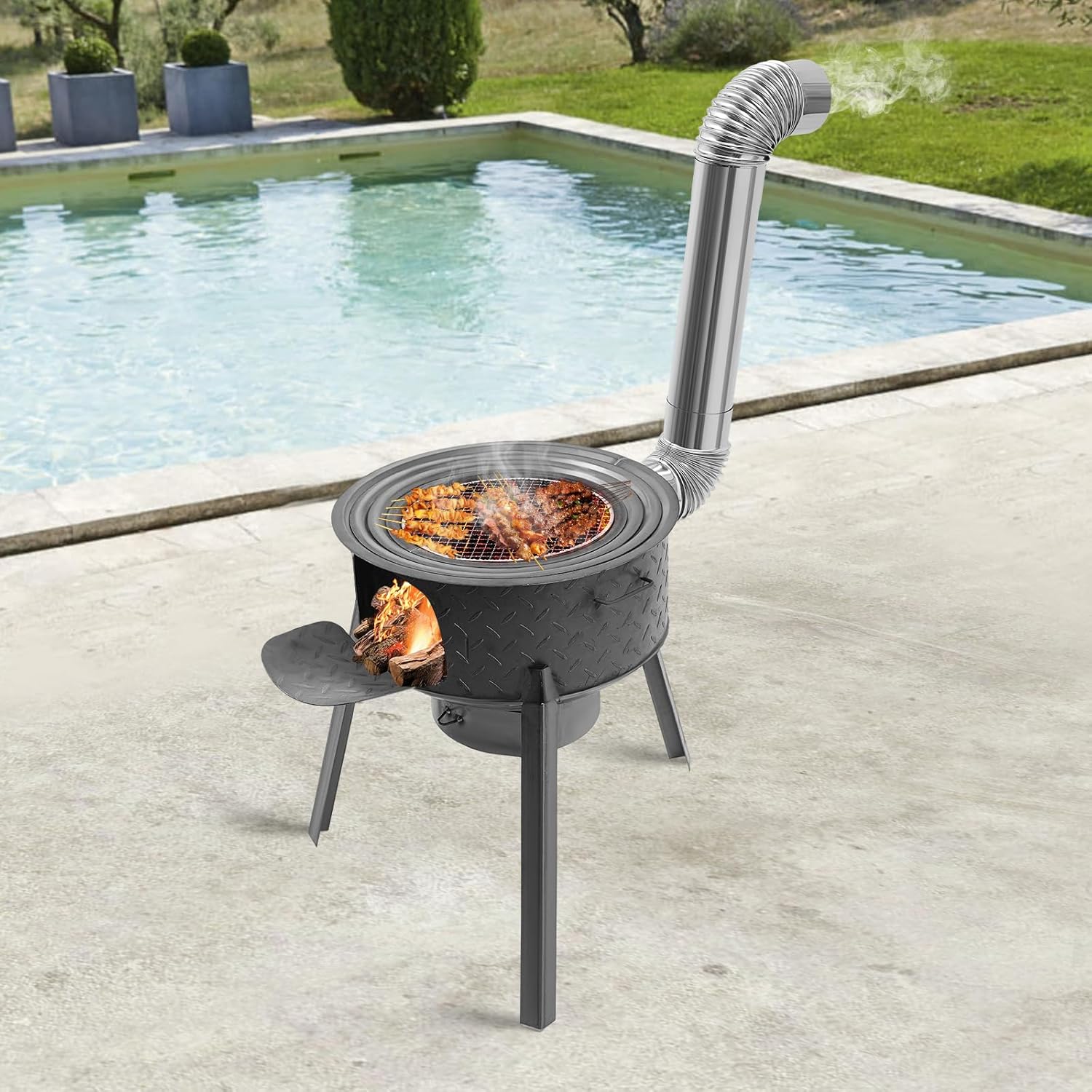 Portable Wood Burning Rocket Stove with Chimney Pipe, Heavy Duty Steel Camping Stove with Grill for Tent Heating & Outdoor Cooking for Camping, Hunting, Ice Fishing, 3 Burner Rings, 19" Max.Diameter