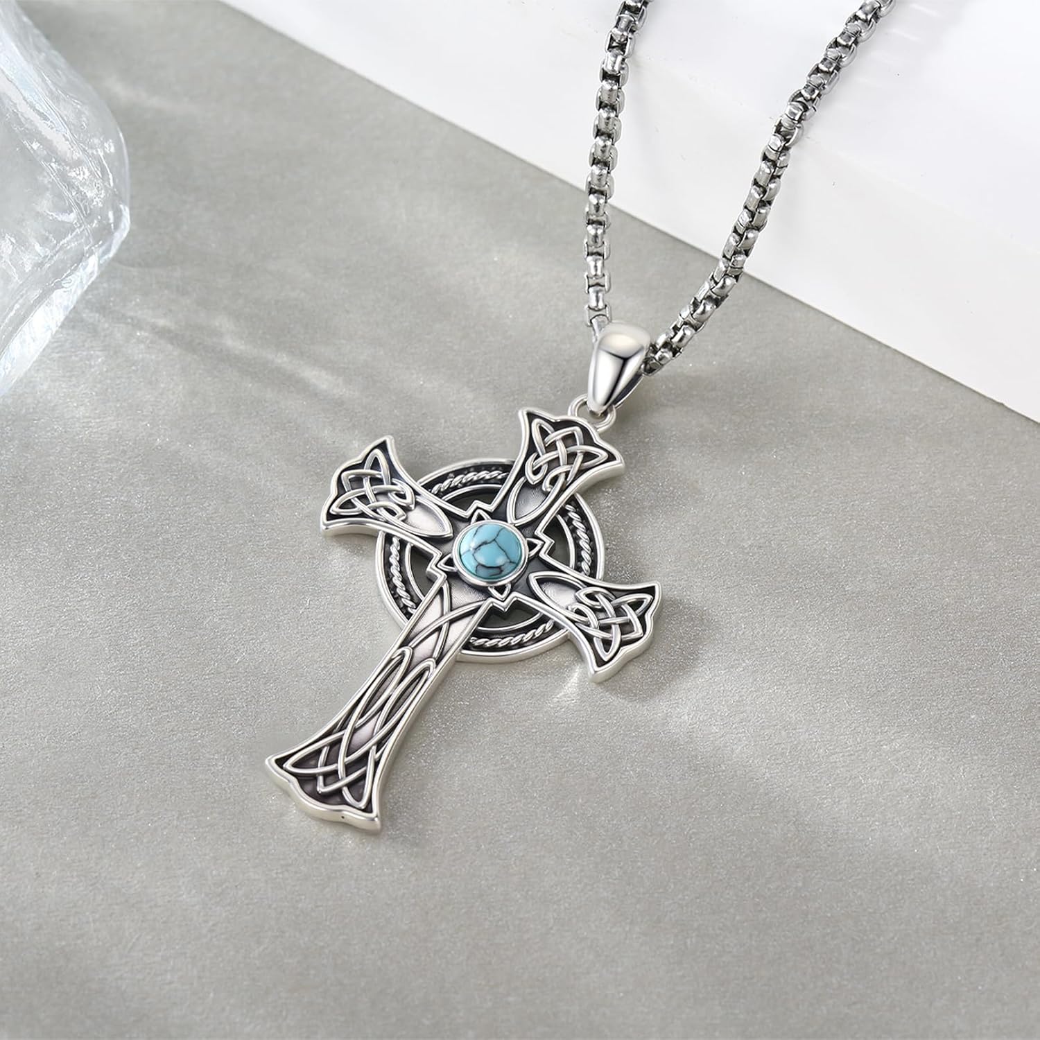 Cross Necklace 925 Sterling Silver Turquoise Christian Pendant Religious Cross Jewelry Christmas Gifts for Women Men