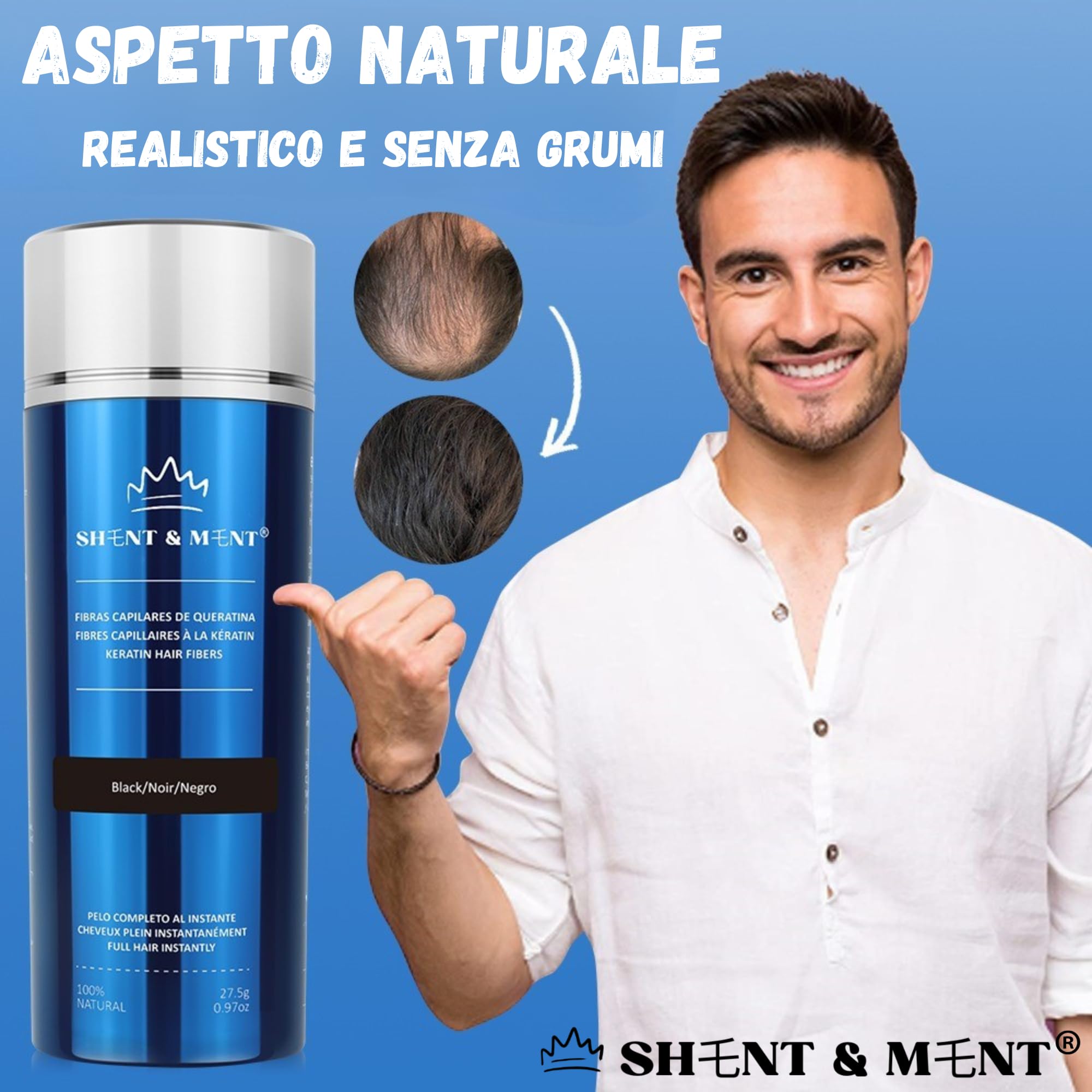 SHENT & MENT Fibre Capelli Cheratina Volume Istantaneo Copertura Naturale Capelli Sottili Caduta Calvizie Entrate Zone Diradate Resistente Sudore Vento Facile Applicazione Marrone scuro 27,5g