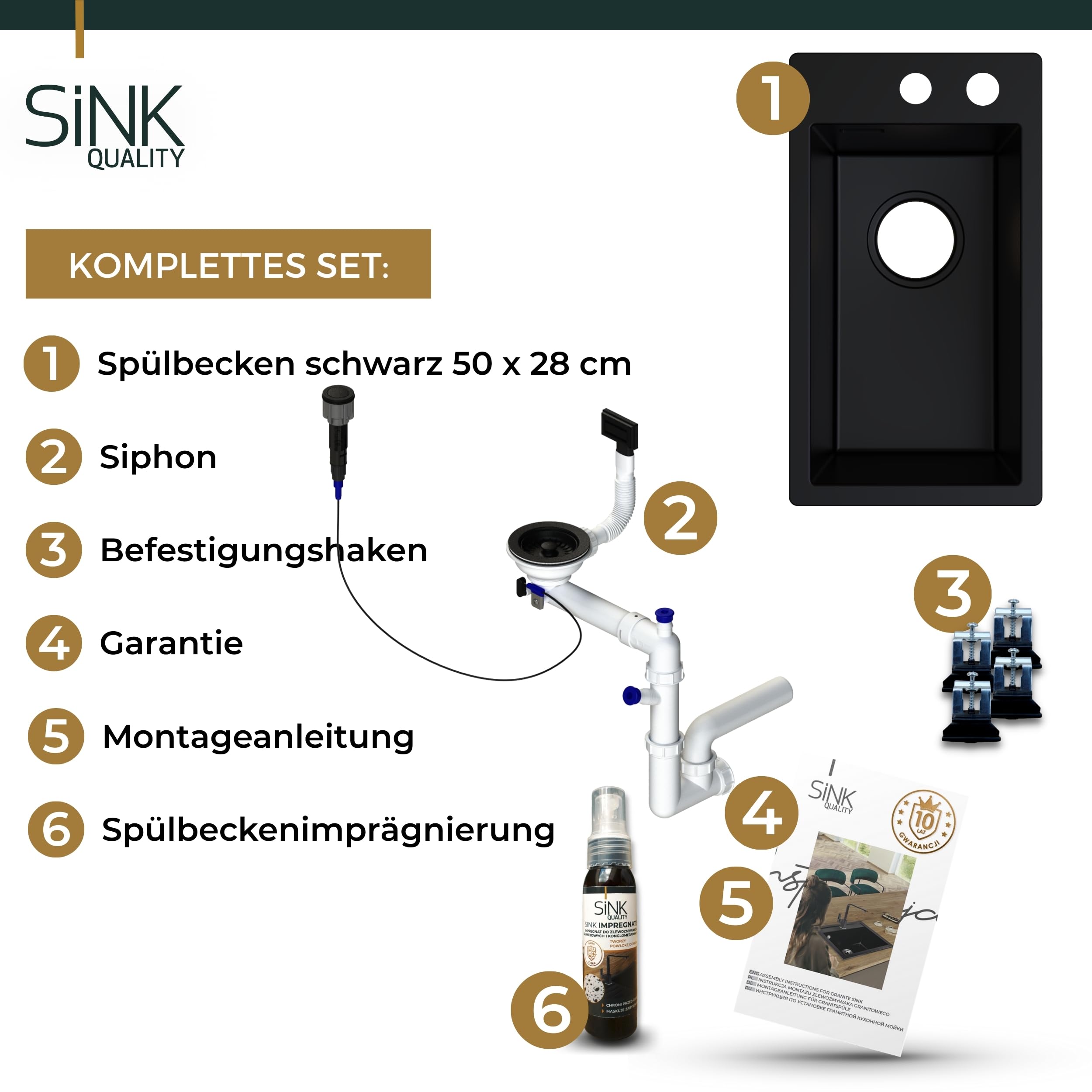 SINK QUALITY Évier de cuisine, petit, noir, 28 x 50 cm, étroit, avec siphon Push noir et agent d'imprégnation, petit évier en granit pour armoires inférieures à partir de 40 cm, encastrable