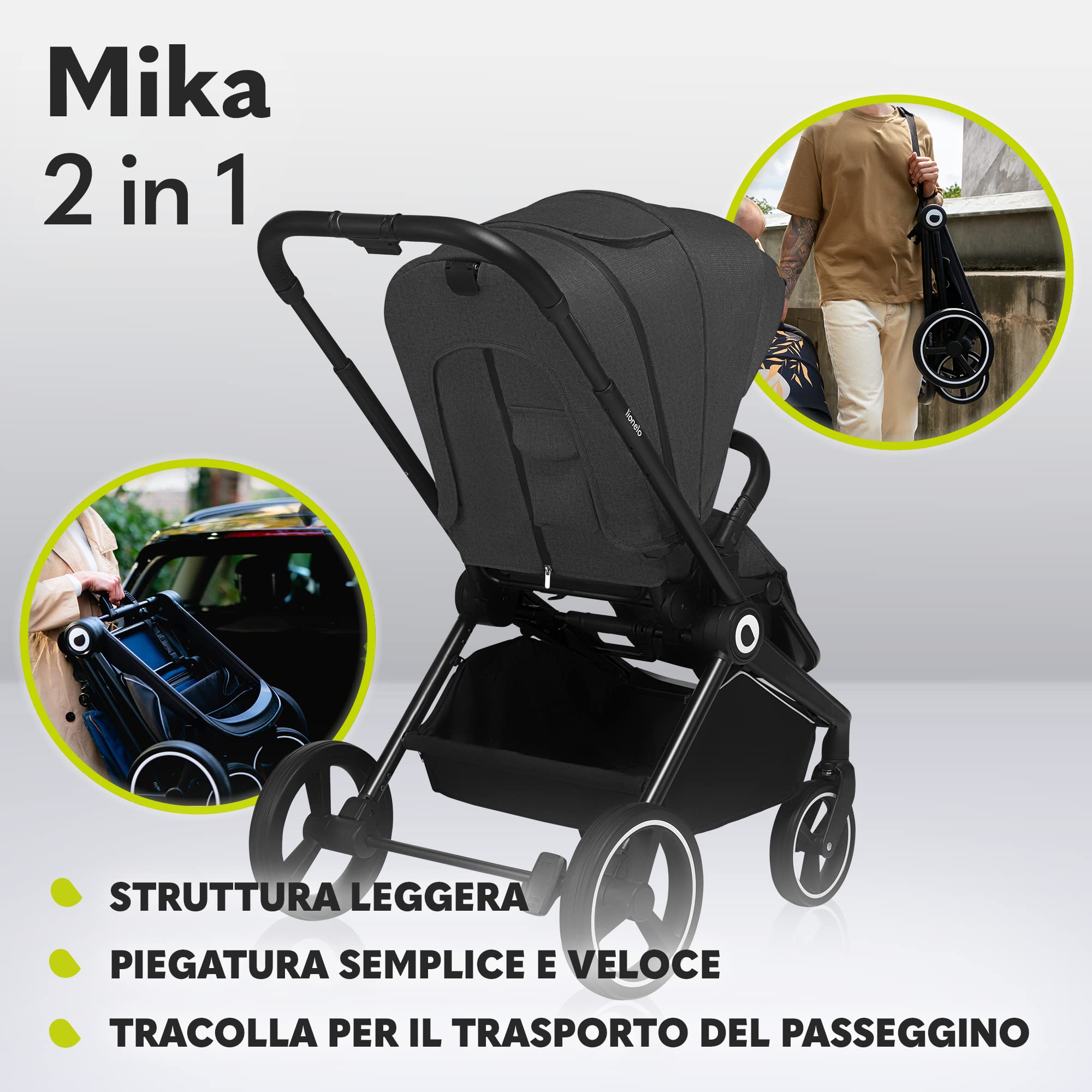LIONELO Mika Passeggino 2in1 Duo Passeggino da 0 fino a 48 mesi con Seduta secchiello + Navicella per neonato e bambini a 22 kg Regolabile, pieghevole e leggero, Ruote grandi, Cappotina XXL Accesori | Seduta Passeggino, Schienale Regolabile, Pieghevole e