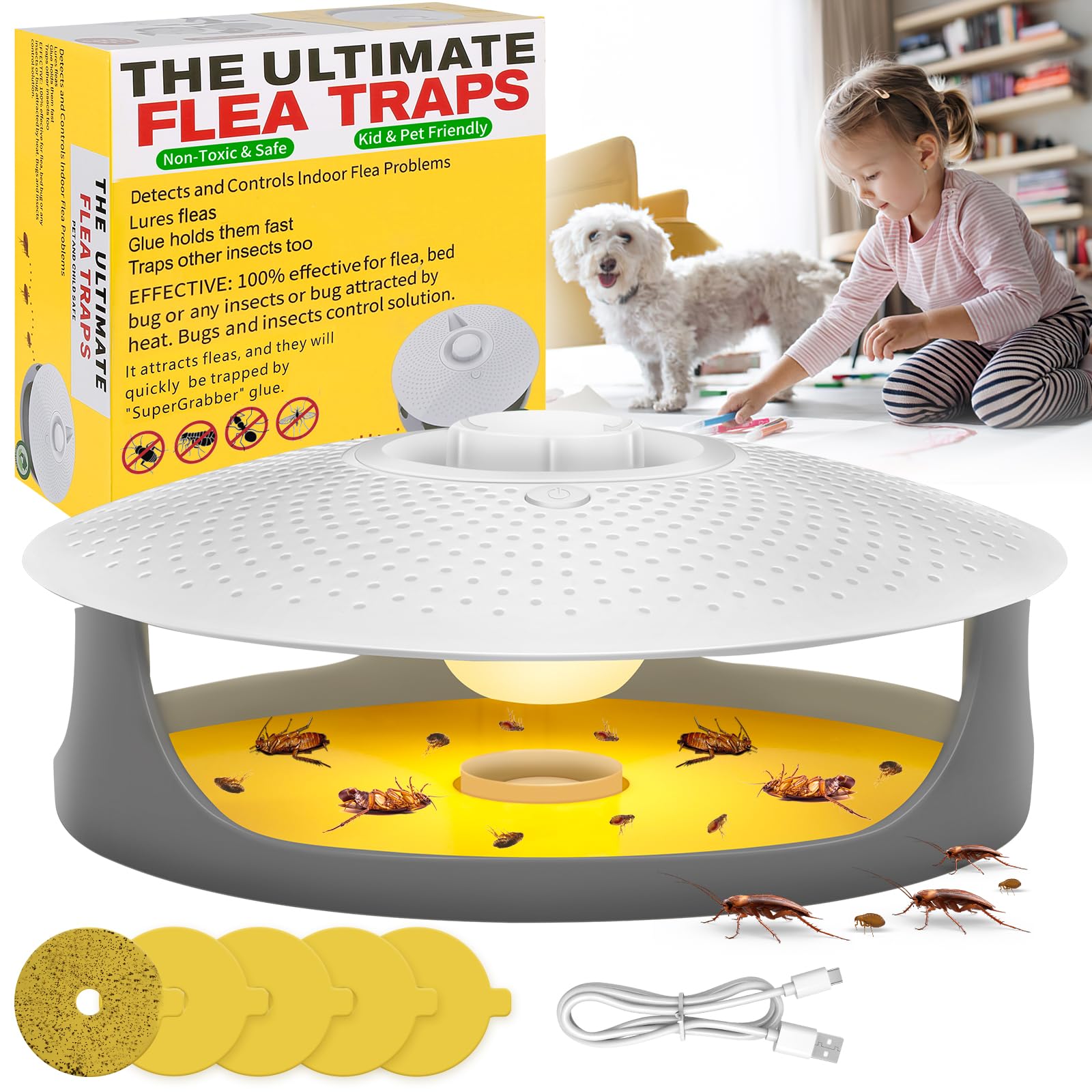 HiAnifriFlea Traps for Inside Your Home,Flea Killer for Home with Sticky Pads,Easy to Use 2 LED Light Modes Flea Light Trap for Indoor Outdoor, Effective Flea Home Treatment for House