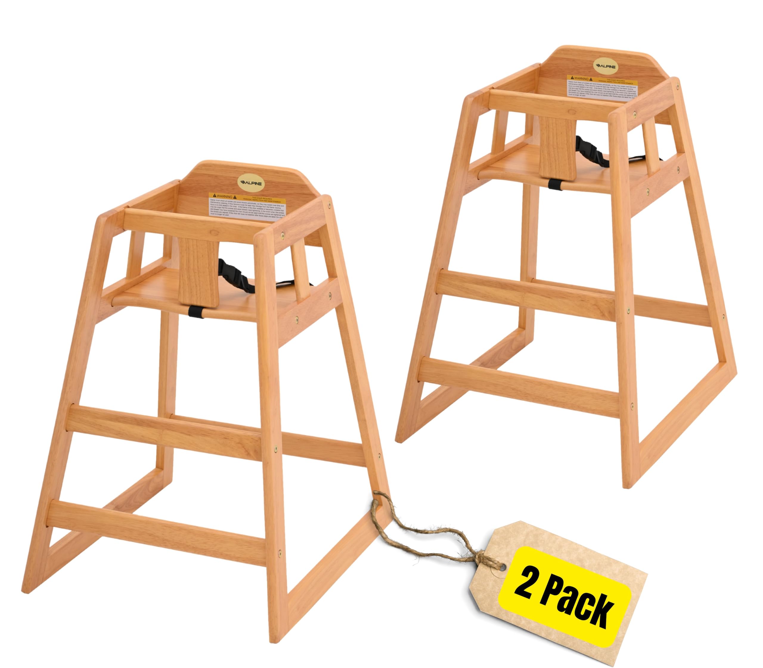 alpine wooden high chairs for babies and toddlers with safety strap, commercial grade restaurant high chair, durable wood space saver baby feeding chair, ideal for dining spaces (2 pack, oak)