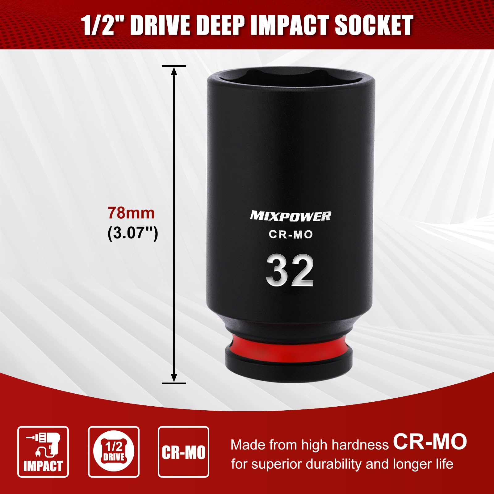 MIXPOWER 1/2" Drive Deep Impact Socket, CR-MO, 32mm, Metric, 6 Point, Axle Nut Impact Grade Socket for Easy Removal - Image 3